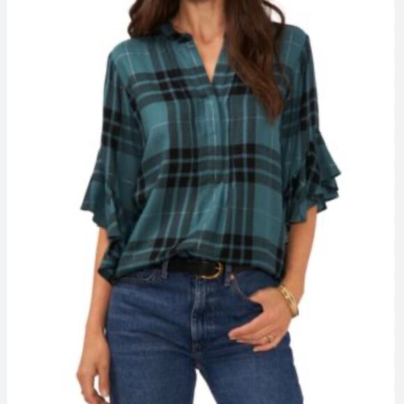 Vince Camuto Blue Plaid Popover Top Bell Sleeves Split Neck Size MEDIUM Casual - Picture 1 of 8